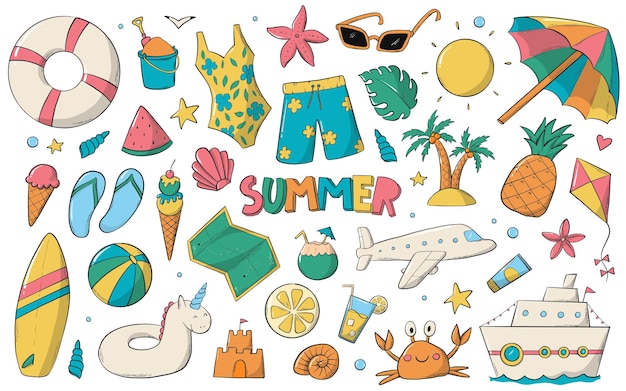 Collezione di scarabocchi estivi clip art di elementi di cartoni animati Buono per stampe carte manifesti striscioni