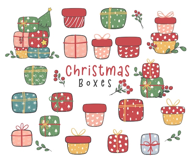 Collezione di scatole regalo di Natale carino doodle vettore disegnato a mano