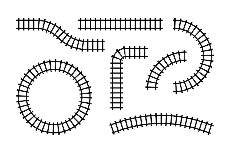 Vettore collezione di segmenti ferroviari elementi stradali ferroviari vista dall'alto traccia ferroviaria dritta e ondulata linee isolate su sfondo bianco illustrazione vettoriale