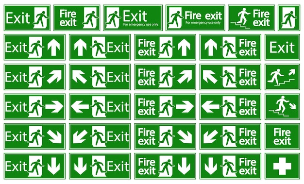 Collezione di segnali di uscita in verde Set di segnali verdi di uscita di emergenza antincendio