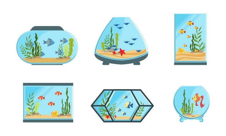 Vettore collezione di serbatoi per acquari di diverse forme con graziose illustrazioni vettoriali di pesci e alghe