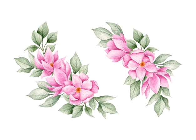 Collezione di set di bouquet di fiori di magnolia dell'acquerello