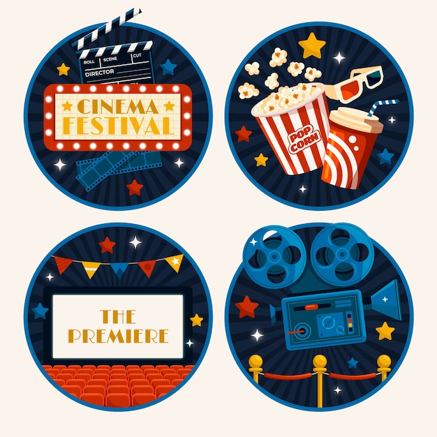 Collezione di set di composizioni cinematografiche piatte disegnate a mano con elementi cinematografici