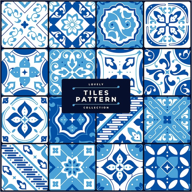 collezione di set di design vettoriali per piastrelle a inchiostro blu