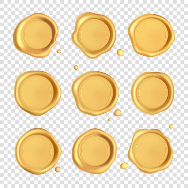 Collezione di sigilli di cera. Set di sigilli di cera timbro oro con gocce isolato su sfondo trasparente. Realistici francobolli d'oro garantiti.