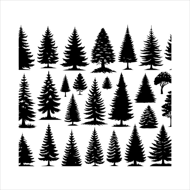 Vettore collezione di silhouette di alberi di pino silhouette vettoriali di alberi forestali vintage