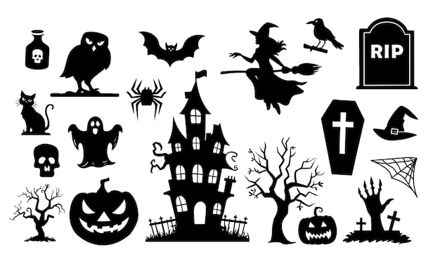 Collezione di silhouette di Halloween Casa infestata albero inquietante stregone zucche fantasma gufo bara