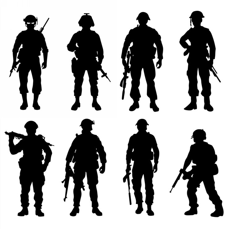 Vettore collezione di silhouette di soldati e forze armate per la giornata dei veterani set di icone di soldati dell'esercito nero venduto