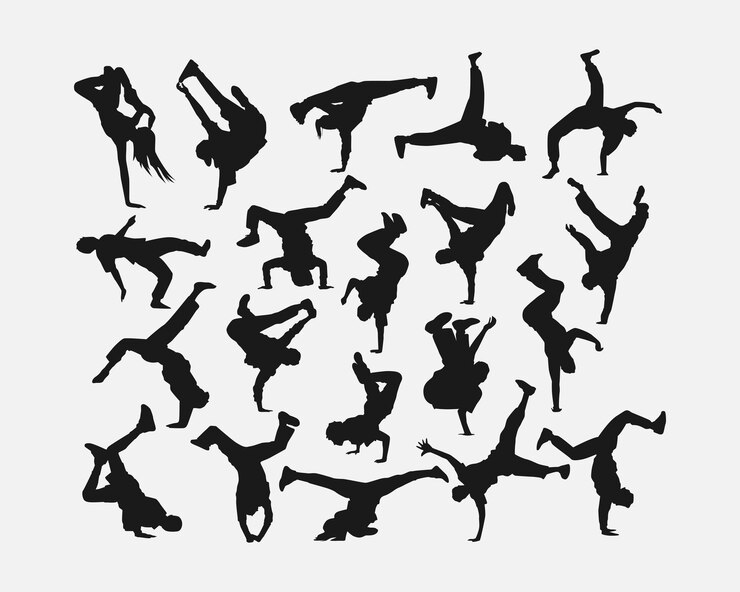 Vettore collezione di silhouette di venti persone uomini e donne ballerini di strada breakdance vettore