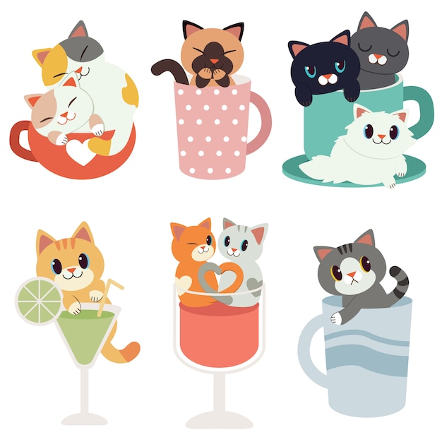 collezione di simpatici gatti seduti in tazze, vino e bicchiere da cocktail