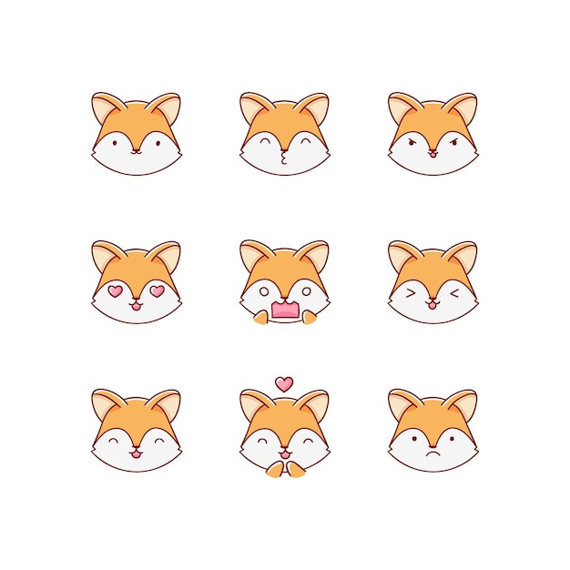 Collezione di simpatici personaggi di emoticon volpe in diverse emozioni. Illustrazione
