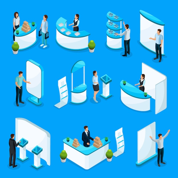 Collezione di stand promozionali isometrici con persone che pubblicizzano prodotti diversi utilizzando attrezzature dimostrative isolate