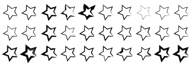 Collezione di stelle grunge in bianco e nero con segni di inchiostro e segni di rullo