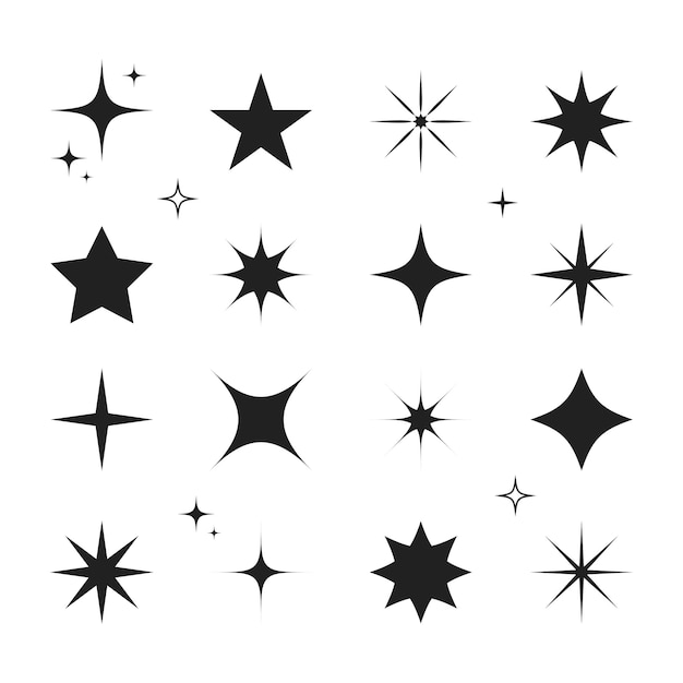 Collezione di stelle scintillanti su sfondo bianco Set di forme stellari Illustrazione piana vettoriale