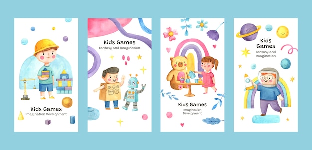 Collezione di storie di instagram ad acquerello per bambini