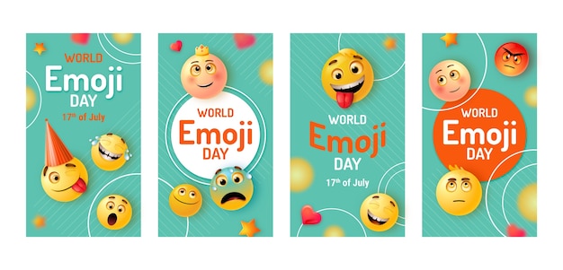 Collezione di storie di instagram della giornata mondiale delle emoji realistiche con emoticon
