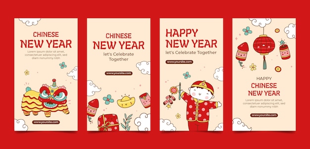 Collezione di storie di instagram di capodanno cinese disegnata a mano
