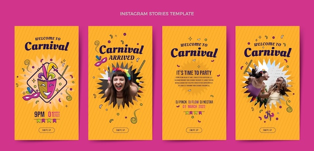 Collezione di storie di instagram di carnevale disegnate a mano