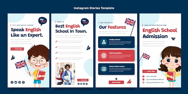 Collezione di storie di instagram di lezioni di inglese piatte