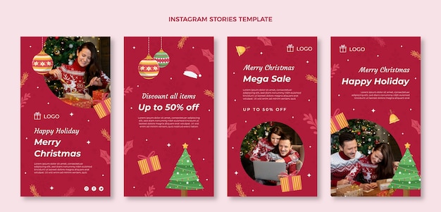 Collezione di storie di instagram di natale piatto disegnato a mano
