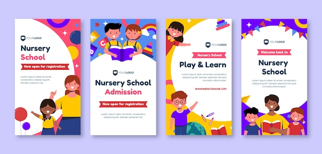 Collezione di storie di instagram di scuola materna piatta