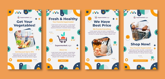 Collezione di storie di instagram di supermercati piatti