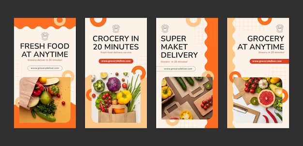 Collezione di storie di instagram di supermercati piatti