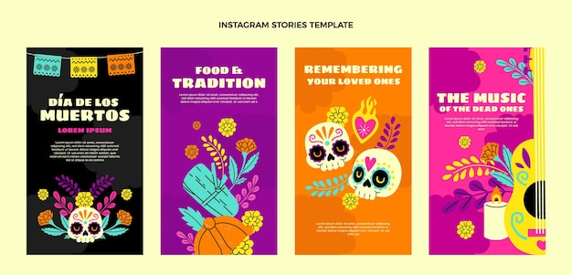 Collezione di storie di instagram dia de muertos piatta disegnata a mano