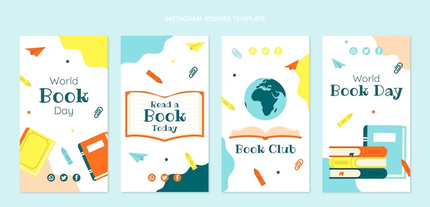 Collezione di storie di instagram per la giornata mondiale del libro piatto