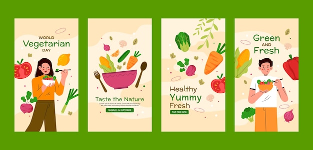 Collezione di storie flat su Instagram per la celebrazione della Giornata Mondiale dei Vegetariani