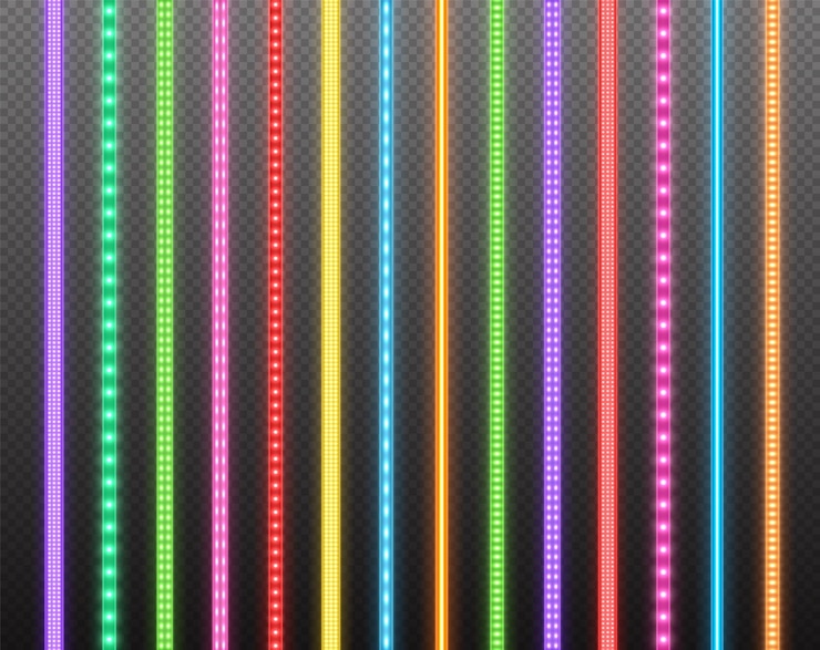 Vettore collezione di strisce led colorate nastri luminosi luminosi isolati su sfondo trasparente ghirlande al neon realistiche
