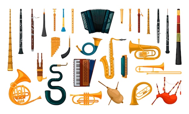 Collezione di strumenti a fiato. Strumenti popolari nazionali. Illustrazioni dettagliate con strumenti musicali.