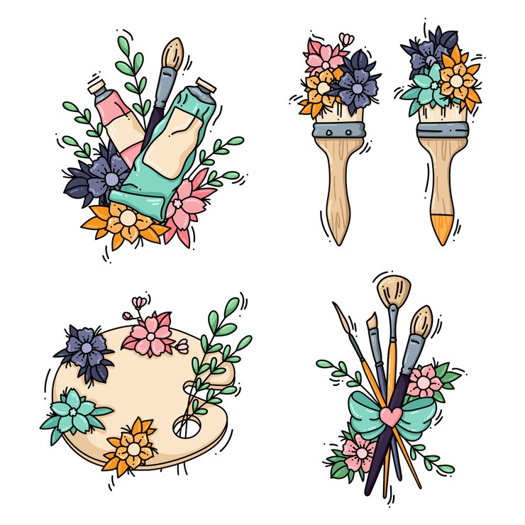Vettore collezione di strumenti artistici con fiori