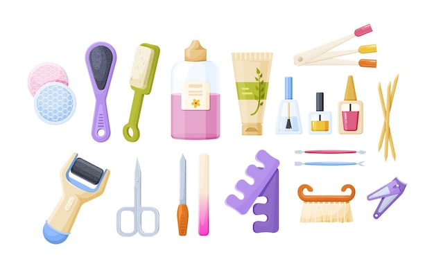 Collezione di strumenti per manicure, pedicure e cosmetici. Set di attrezzature per la cura delle mani delle gambe delle unghie