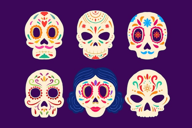 Collezione di teschi dia de muertos disegnati a mano