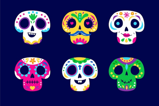 Collezione di teschi dia de muertos piatti disegnati a mano