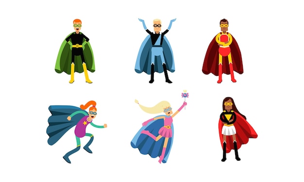 Collezione di uomini e donne in costumi di supereroi di tutte le nazionalità e colori della pelle Personaggi di cartoni animati con superpoteri in mantelli colorati Illustrazioni vettoriali isolate su sfondo bianco