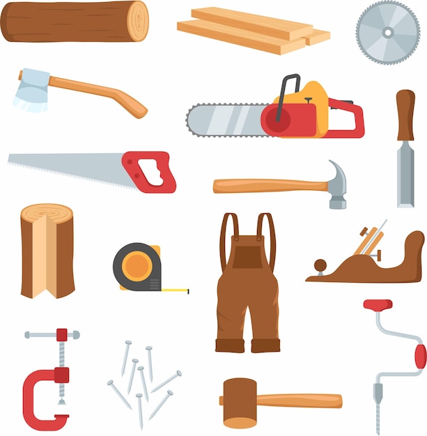 Collezione di utensili per la lavorazione del legno e di materiali per la falegnameria e la costruzione