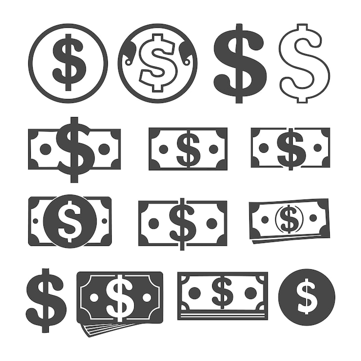 Vettore collezione di vari segni di dollari e simboli relativi alla moneta