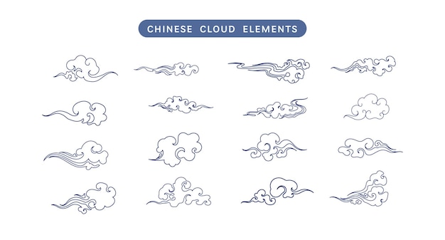 Collezione di vettori di linee di nuvole cinesi Ornamento di Doodle elementi orientali per la carta del capodanno cinese asiatico o metà autunno Illustrazione decorativa dell'arte del cielo vintage