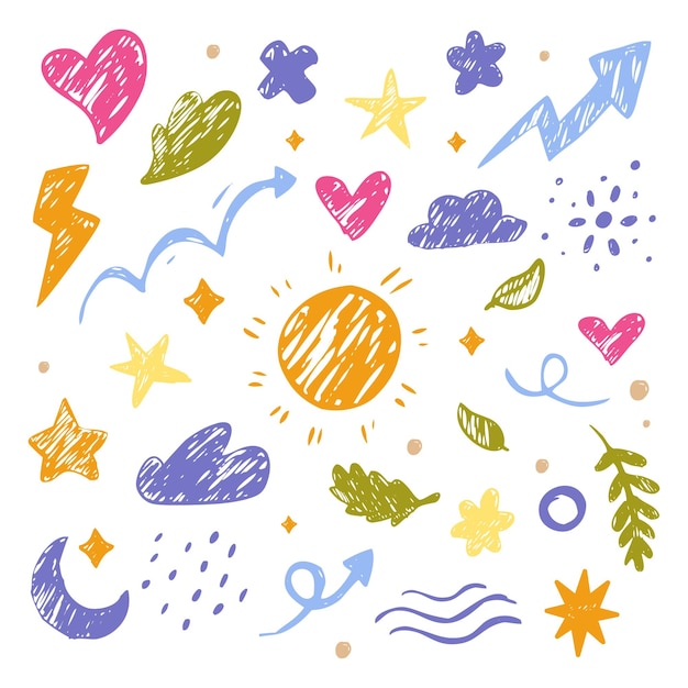 Collezione disegnata a mano di illustrazioni con stelle del sole, cuori e frecce