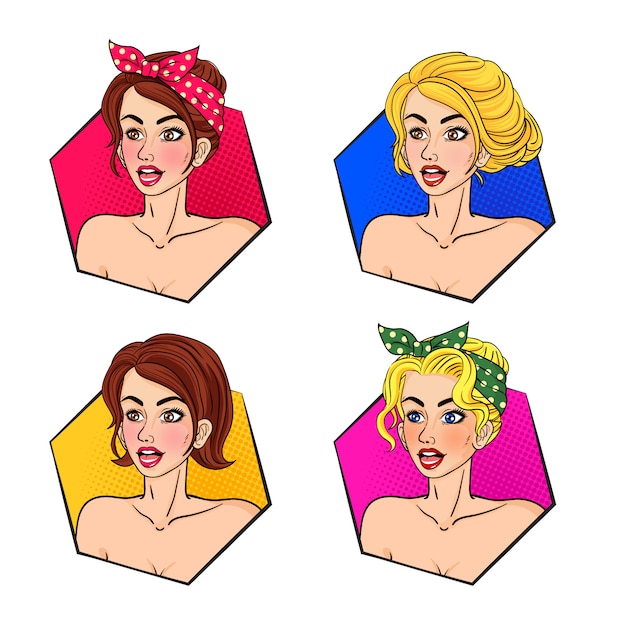 Collezione donna pop art retrò viso e capelli