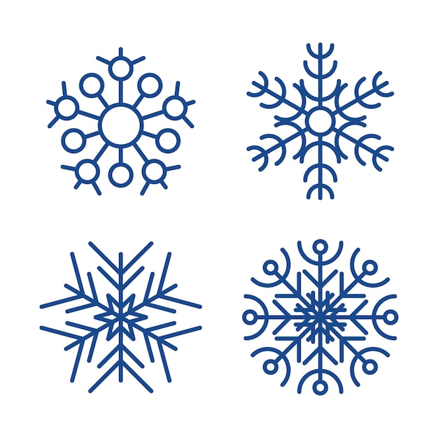 Collezione invernale fiocchi di neve Set di quattro fiocchi di neve blu in stile linea su sfondo bianco Elementi di decorazione di Natale e Capodanno Illustrazione vettoriale