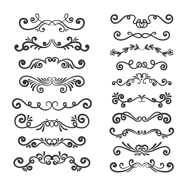 Collezione moderna di vortici decorativi a mano e divisori di testo Elementi decorativi di design per matrimoni
