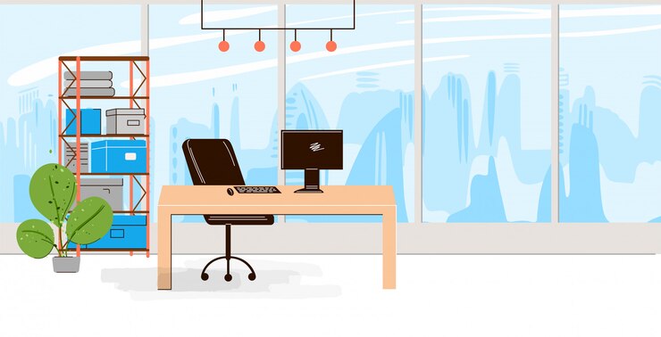 Vettore collezione piatta di luoghi di lavoro creativi con spazi aperti moderni e interni di uffici vuoti - illustraton di lavoro e co-working contemporaneo. composizione orizzontale piatta.