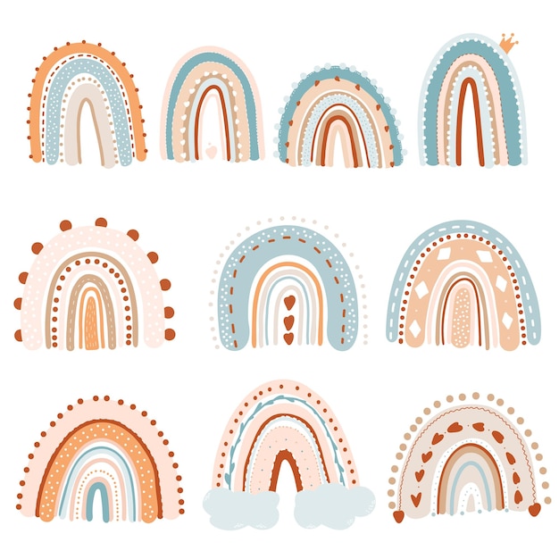 Collezione Rainbows Design scandinavo Simpatico arcobaleno e vettore di nuvole