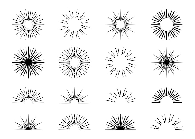 Collezione Sunburst Illustrazione vettoriale del sole Set burst Disegno a mano