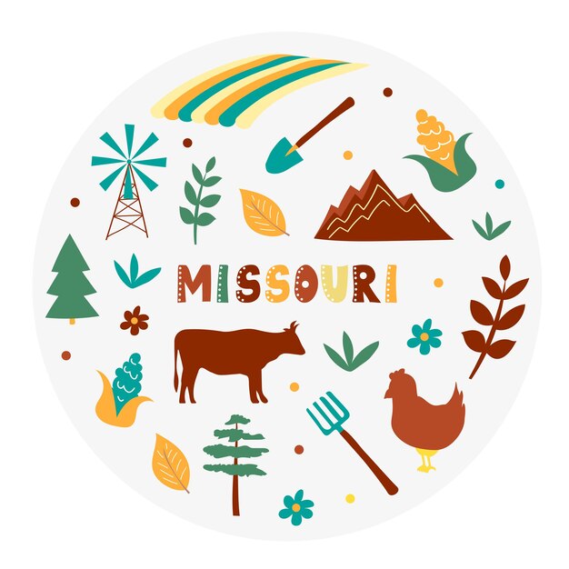 Collezione USA. Illustrazione vettoriale del Missouri. Simboli di stato - forma rotonda