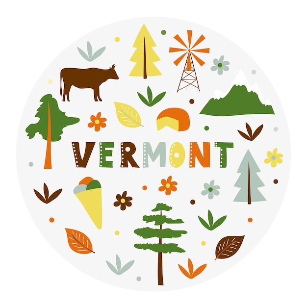 Collezione USA. Illustrazione vettoriale del tema del Vermont. Simboli di stato - forma rotonda