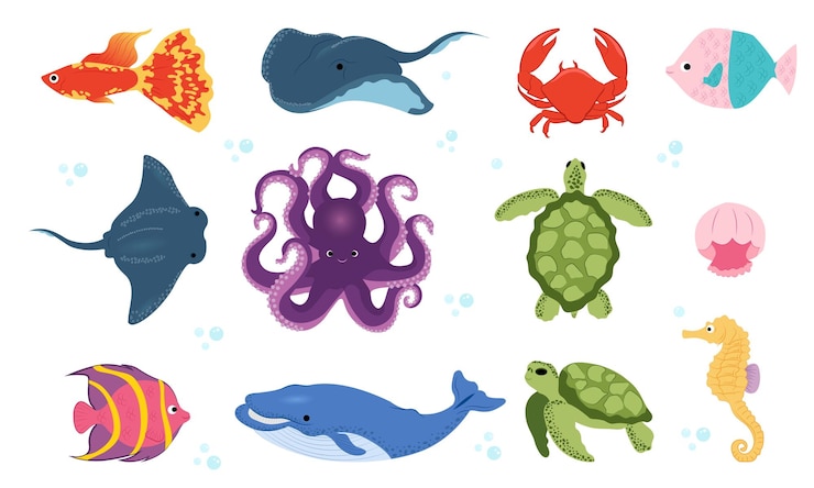 Vettore collezione vettoriale con animali dell'oceano. illustrazione piatta estiva.